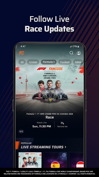 FanCode-Live Cricket, Formula1